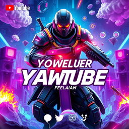 An exciting and dynamic gaming cover for a YouTube channel featuring a fierce and powerful gaming character, dressed in futuristic armor with neon accents