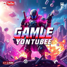 An exciting and dynamic gaming cover for a YouTube channel featuring a fierce and powerful gaming character, dressed in futuristic armor with neon accents