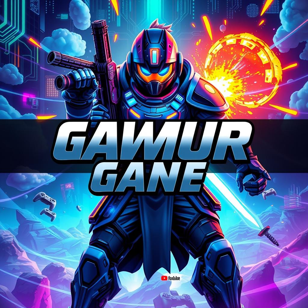An exciting and dynamic gaming cover for a YouTube channel featuring a fierce and powerful gaming character, dressed in futuristic armor with neon accents