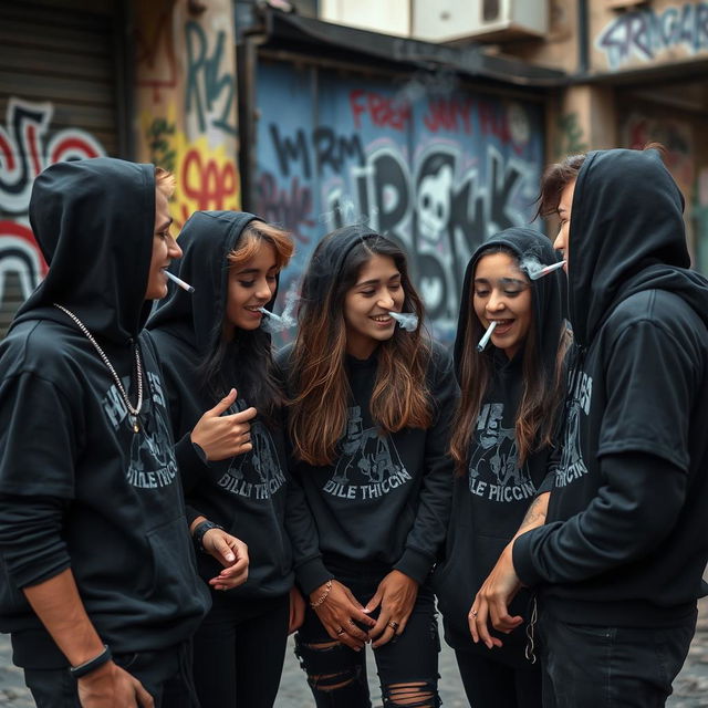 A group of teenagers wearing black clothing, enjoying a positive social interaction while smoking together