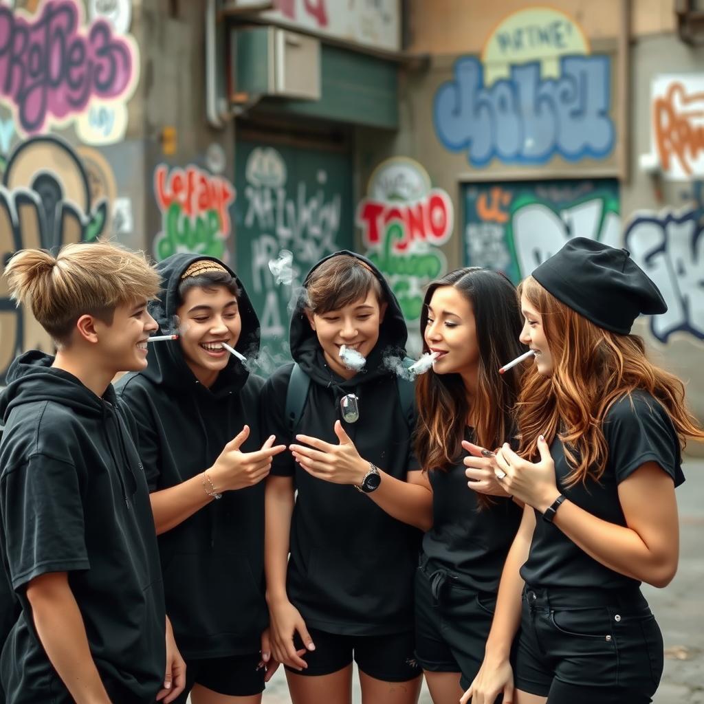 A group of teenagers wearing black clothing, enjoying a positive social interaction while smoking together