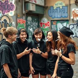 A group of teenagers wearing black clothing, enjoying a positive social interaction while smoking together