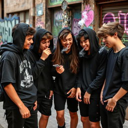 A group of teenagers wearing black clothing, enjoying a positive social interaction while smoking together