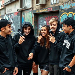 A group of teenagers wearing black clothing, enjoying a positive social interaction while smoking together