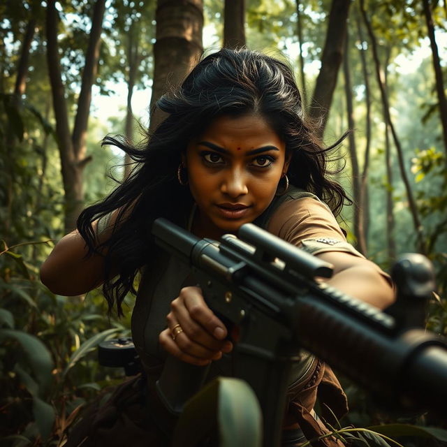 A gritty and intense scene depicting Ashika Ranganath as a Naxalite warrior in a dense forest environment