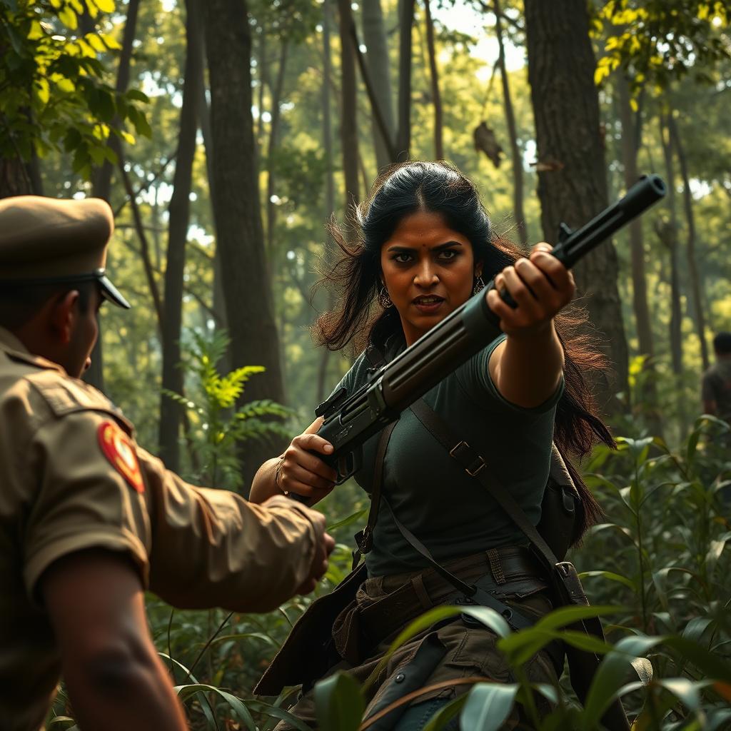 A gritty and intense scene depicting Ashika Ranganath as a Naxalite warrior in a dense forest environment