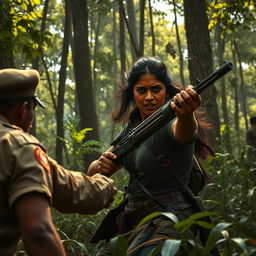 A gritty and intense scene depicting Ashika Ranganath as a Naxalite warrior in a dense forest environment