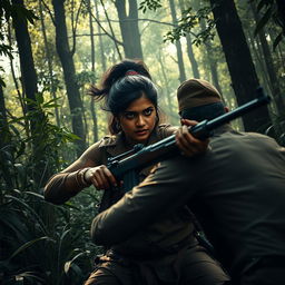 A gritty and intense scene depicting Ashika Ranganath as a Naxalite warrior in a dense forest environment