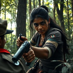 A gritty and intense scene depicting Ashika Ranganath as a Naxalite warrior in a dense forest environment