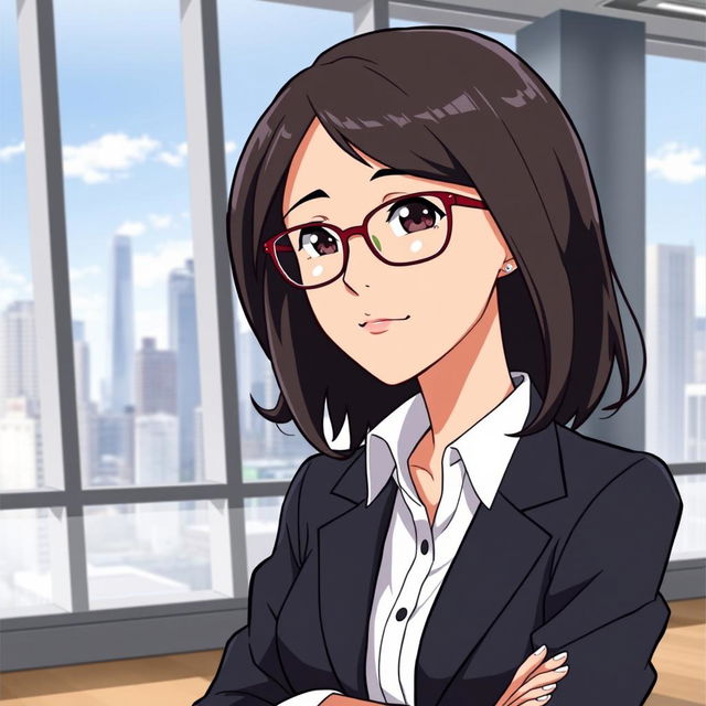 An anime-style depiction of Sheryl Sandberg, featuring her with medium-length dark hair, stylish glasses, and a confident expression