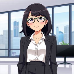 An anime-style depiction of Sheryl Sandberg, featuring her with medium-length dark hair, stylish glasses, and a confident expression