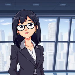 An anime-style depiction of Sheryl Sandberg, featuring her with medium-length dark hair, stylish glasses, and a confident expression