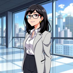 An anime-style depiction of Sheryl Sandberg, featuring her with medium-length dark hair, stylish glasses, and a confident expression