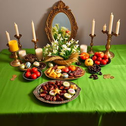 A beautifully arranged Haft Sin table display, featuring traditional Persian elements
