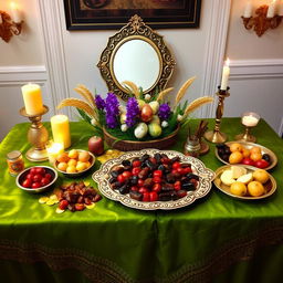 A beautifully arranged Haft Sin table display, featuring traditional Persian elements