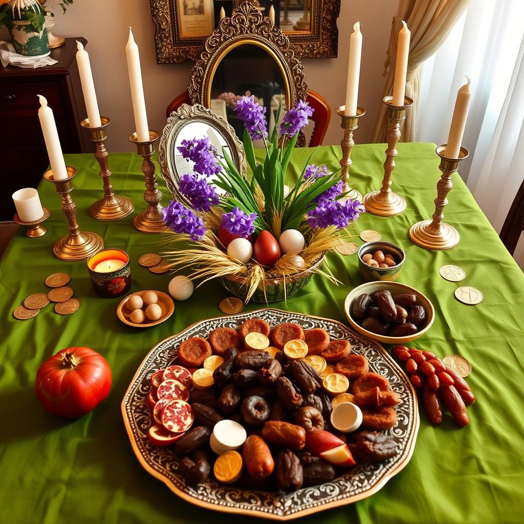 A beautifully arranged Haft Sin table display, featuring traditional Persian elements