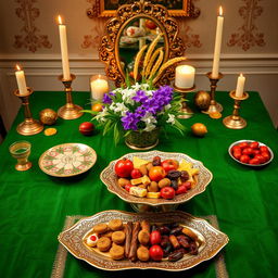 A beautifully arranged Haft Sin table display, featuring traditional Persian elements