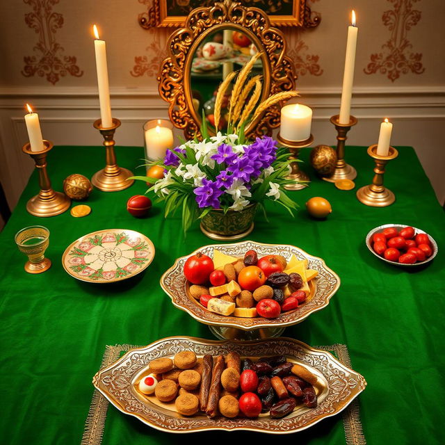 A beautifully arranged Haft Sin table display, featuring traditional Persian elements