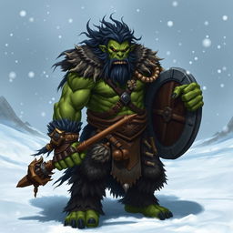 An evil green-skinned orc barbarian, muscular and fierce, holding a large spear in one hand and a sturdy shield in the other