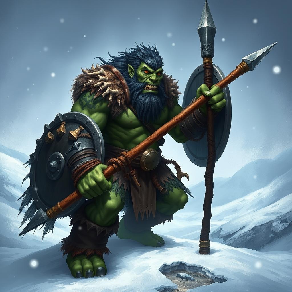 An evil green-skinned orc barbarian, muscular and fierce, holding a large spear in one hand and a sturdy shield in the other