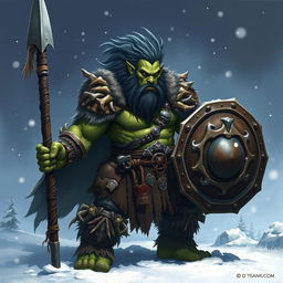 An evil green-skinned orc barbarian, muscular and fierce, holding a large spear in one hand and a sturdy shield in the other