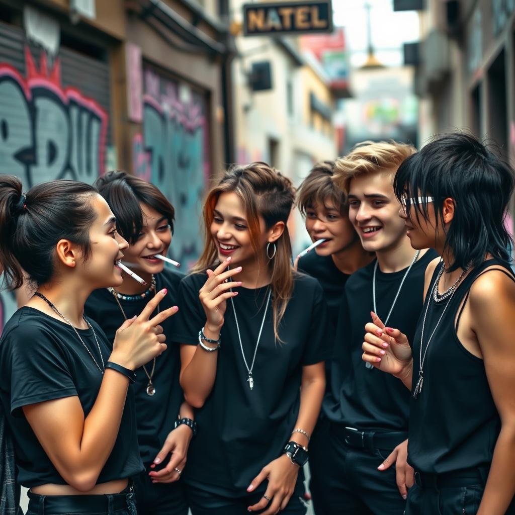 A group of stylish teenagers wearing black clothing, enjoying a friendly social gathering while smoking cigarettes