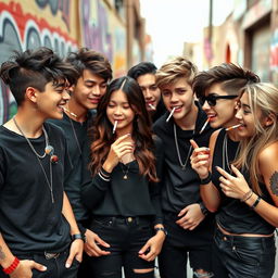 A group of stylish teenagers wearing black clothing, enjoying a friendly social gathering while smoking cigarettes