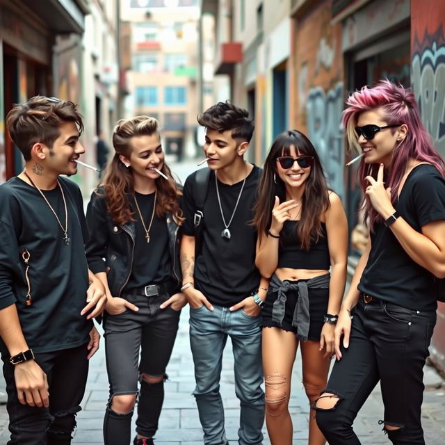 A group of stylish teenagers wearing black clothing, enjoying a friendly social gathering while smoking cigarettes