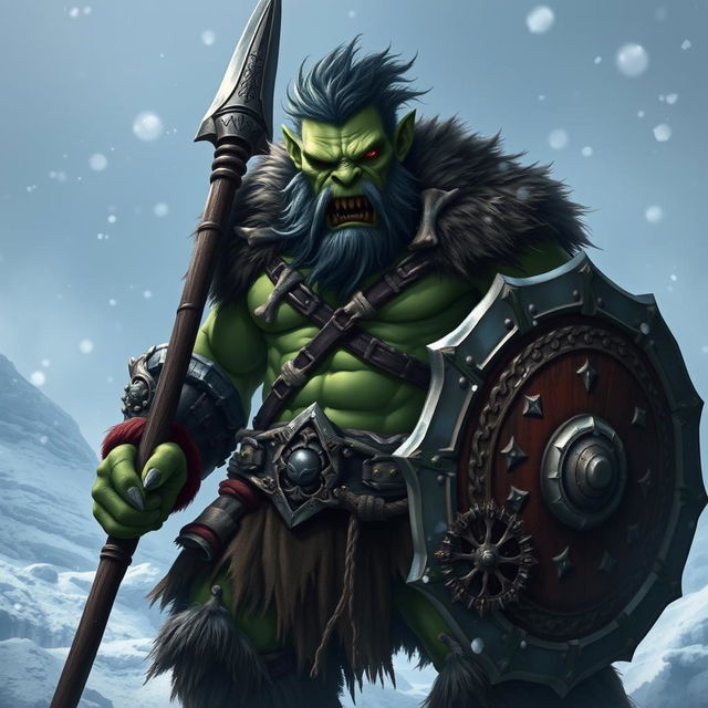 An evil green-skinned orc barbarian, muscular and fierce, holding a large spear in one hand and a sturdy shield in the other