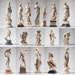 A collection of exquisite sculptures depicted from various angles, showcasing the intricate details and craftsmanship of each piece