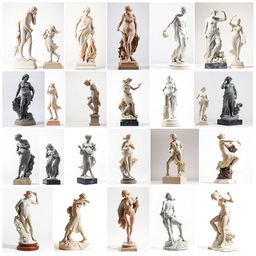 A collection of exquisite sculptures depicted from various angles, showcasing the intricate details and craftsmanship of each piece