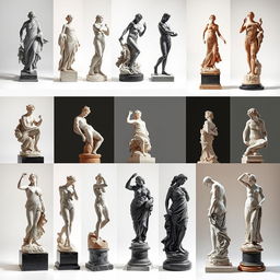 A collection of exquisite sculptures depicted from various angles, showcasing the intricate details and craftsmanship of each piece