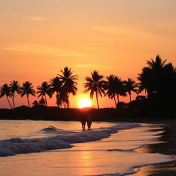 A beautiful sunset over a tranquil beach, with soft waves lapping at the shore