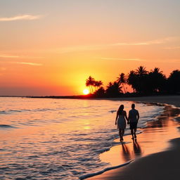 A beautiful sunset over a tranquil beach, with soft waves lapping at the shore