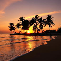 A beautiful sunset over a tranquil beach, with soft waves lapping at the shore