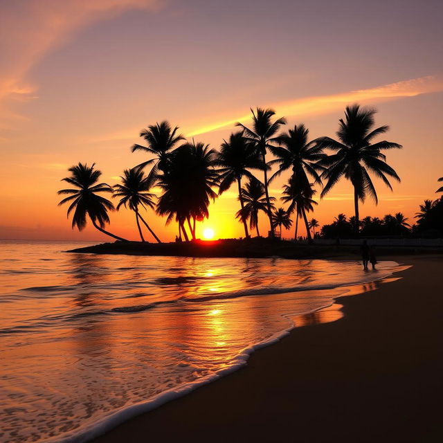 A beautiful sunset over a tranquil beach, with soft waves lapping at the shore