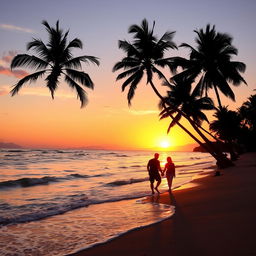 A beautiful sunset over a tranquil beach, with soft waves lapping at the shore
