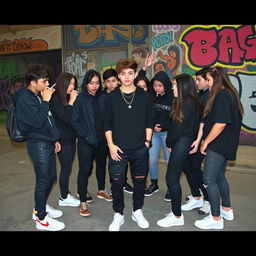 A specified teenager wearing black clothing, exuding confidence and charisma, surrounded by their friends who are forming a circle around them