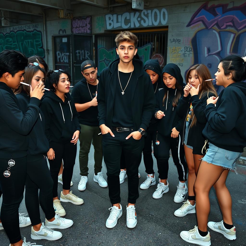 A specified teenager wearing black clothing, exuding confidence and charisma, surrounded by their friends who are forming a circle around them