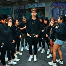 A specified teenager wearing black clothing, exuding confidence and charisma, surrounded by their friends who are forming a circle around them