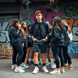 A specified teenager wearing black clothing, exuding confidence and charisma, surrounded by their friends who are forming a circle around them