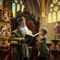 A wise king sits on a grand throne, adorned with intricate gold and silver patterns, elegantly sharing stories with his young prince