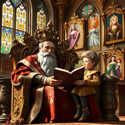 A wise king sits on a grand throne, adorned with intricate gold and silver patterns, elegantly sharing stories with his young prince