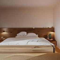 A cozy and well-lit bedroom with a comfortable looking bed, a wooden nightstand, and soft coloured wall decor