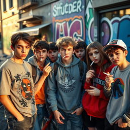 A group of teenagers gathered in an urban setting, casually smoking cigarettes