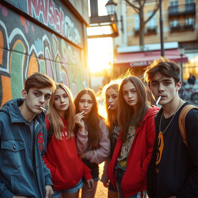 A group of teenagers gathered in an urban setting, casually smoking cigarettes