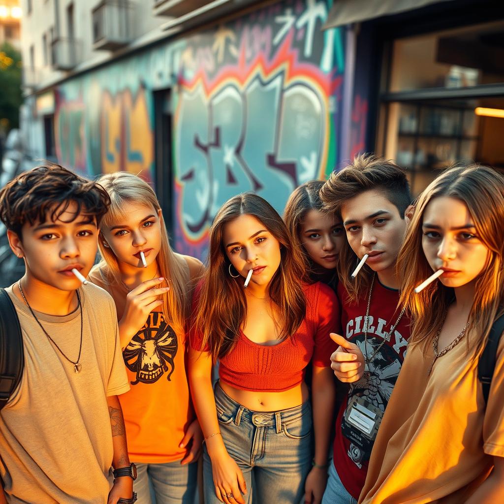 A group of teenagers gathered in an urban setting, casually smoking cigarettes