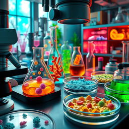 A detailed and vibrant depiction of a microbiology laboratory, showcasing a variety of colorful microorganisms under a microscope