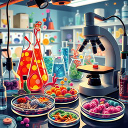 A detailed and vibrant depiction of a microbiology laboratory, showcasing a variety of colorful microorganisms under a microscope