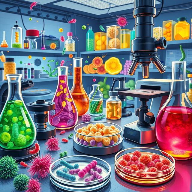 A detailed and vibrant depiction of a microbiology laboratory, showcasing a variety of colorful microorganisms under a microscope